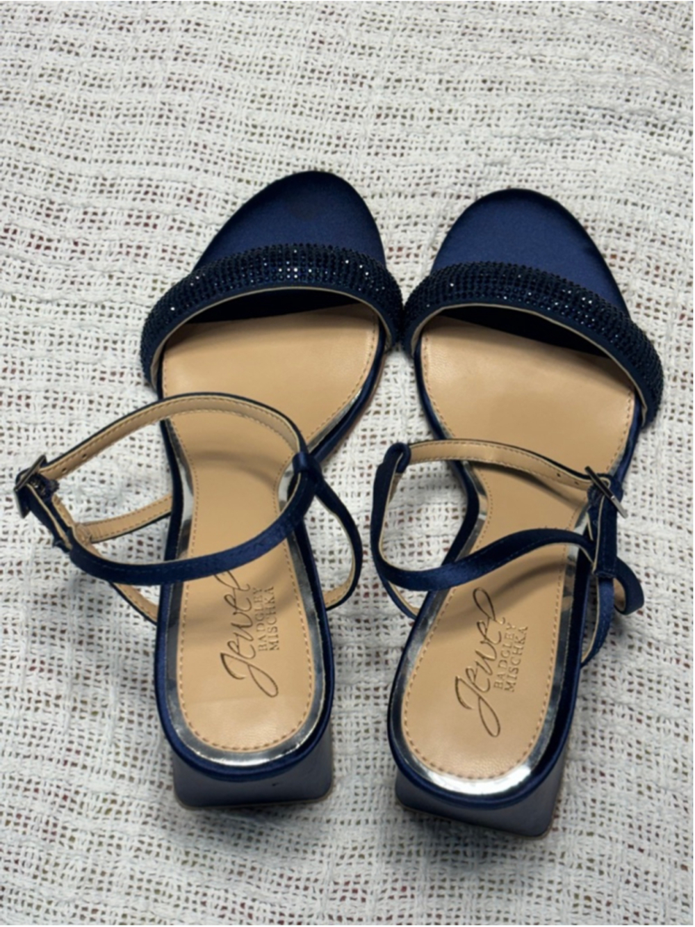 Jewel Badgley Mischka Strappy Navy Satin Rhinestone Block Heel SZ 7 Formal Party - Picture 2 of 11
